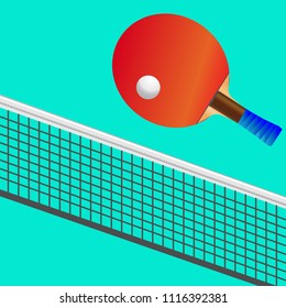 Set for playing table tennis red racket and white ball, network. Green background.
