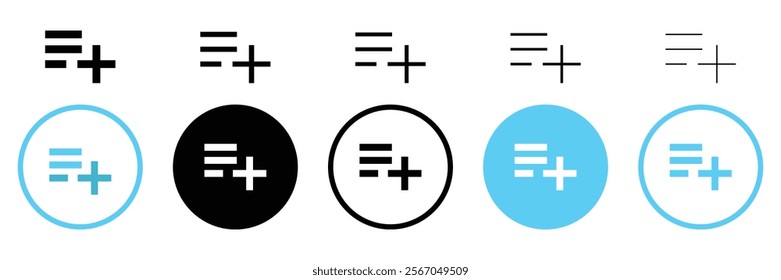 Set of playlist icon. Save playlist, Add, new, plus symbol. Vector Illustration.