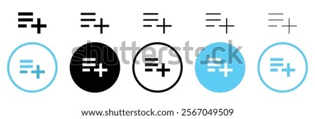 Set of playlist icon. Save playlist, Add, new, plus symbol. Vector Illustration.