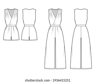 Set Of Playsuits Romper Overall Jumpsuit Technical Fashion Illustration With Full Mini Length, Normal Waist, High Rise, Pockets, Single Pleat. Flat Front Back, White Color. Women Men Unisex CAD Mockup