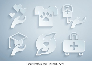 Set Pleasant relationship, Blood donation, Education grant, First aid kit, Animal volunteer and Heart in hand icon. Vector
