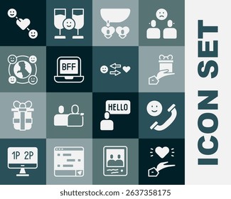 Set Pleasant relationship, Incoming call mobile, Give gift, Necklace with heart shaped, BFF or best friends forever, International community, Romantic and  icon. Vector