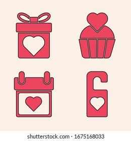 Set Please do not disturb with heart, Gift box with heart, Wedding cake with heart and Calendar with heart icon. Vector