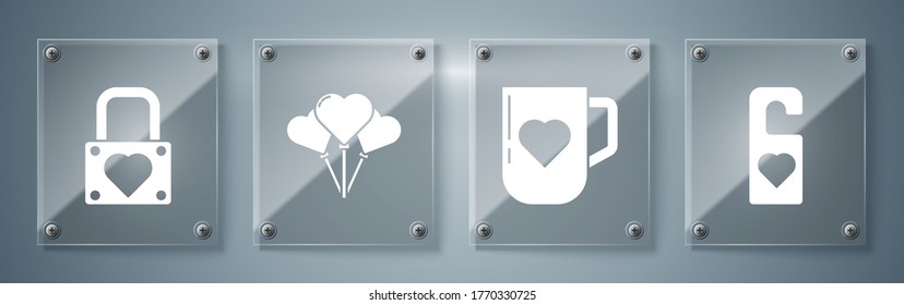 Set Please do not disturb with heart, Coffee cup and heart, Balloons in form of heart and Lock and heart. Square glass panels. Vector