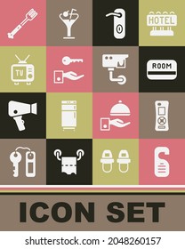 Set Please do not disturb, Remote control, Hotel key card, Door handle, door lock, Retro tv, Fork and Security camera icon. Vector
