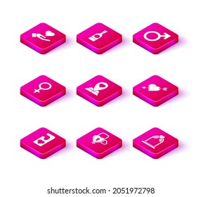 Establecer Por favor no molestar con el corazón, Castillo en forma de y clave, Símbolo de género femenino, Puntero de mapa, arco de boda, flecha de amour, icono de botella de champán y macho. Vector