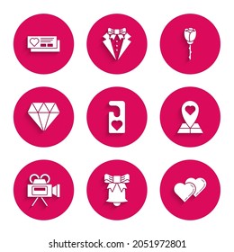 Set Please do not disturb with heart, Ringing bell, Two Linked Hearts, Map pointer, Cinema camera, Diamond, Flower rose and Ticket icon. Vector