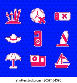Set Please do not disturb, Action camera, Yacht sailboat, Surfboard, Sun protective umbrella, Elegant women hat, Airline ticket and Ski and sticks icon. Vector