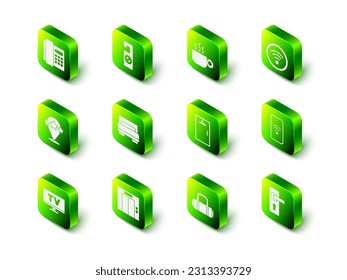 Set Please do not disturb, Coffee cup, Wi-Fi wireless, Mobile with wi-fi, Door handle, Shower cabin, Suitcase and Lift icon. Vector