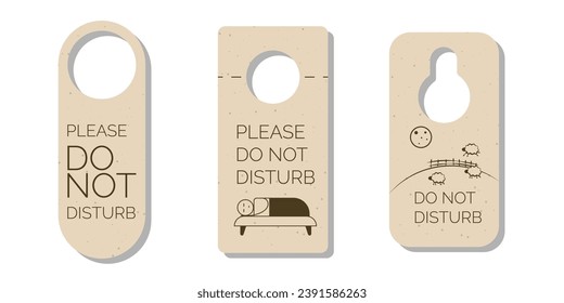 Set of Please Do not disturb door hanger signs, tags or labels with a person sleeping in bed. Hotel room door handle or knob hanging cards and warning messages on white background. Vector illustration