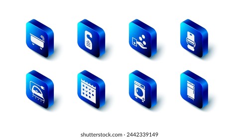 Set Please do not disturb, Paying tips, Toilet bowl, Refrigerator, Washer, Hotel booking calendar, Electric iron and Bathtub icon. Vector