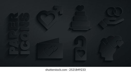 Set Please do not disturb, Wedding rings, Greeting card, Head with heart, cake and Heart male gender icon. Vector