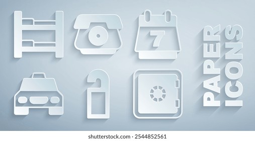 Set Please do not disturb, Hotel booking calendar, Taxi car, Safe, Telephone handset and room bed icon. Vector