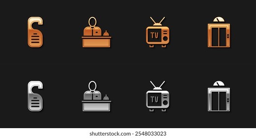 Set Please do not disturb, Hotel reception desk, Retro tv and Lift icon. Vector