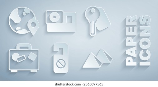 Set Please do not disturb, Hotel door lock key, Suitcase, Egypt pyramids, Action camera and Location the globe icon. Vector