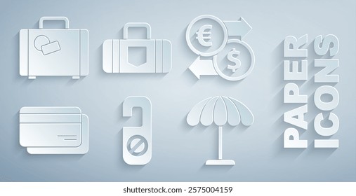 Set Please do not disturb, Money exchange, Credit card, Sun protective umbrella for beach, Suitcase and  icon. Vector