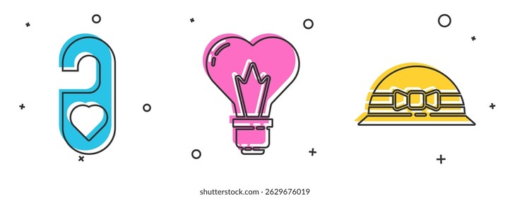Set Please do not disturb with heart, Heart shape in a light bulb and Elegant women hat icon. Vector