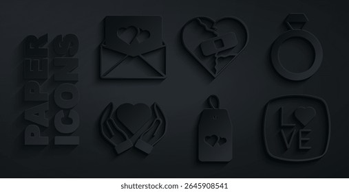 Set Please do not disturb with heart, Wedding rings, Heart hand, Love text, Healed broken or divorce and Envelope Valentine icon. Vector