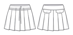 Set Of Pleated Skirts Technical Fashion Illustration. Mini Skirts Fashion Flat Drawing Template, Pleated, Pockets, Elastic Waistband, Side Zip Up, Front View, White, CAD Mockup Set.