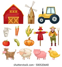 Set with plenty of colorful isolated farm symbols buildings animals characters natural food and organic vegetables vector illustration