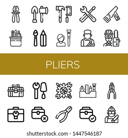 Set of pliers icons such as Plier, Tools, Paint tools, Tool, Shoemaker, Hand saw, Carpenter, Toolbox, Pliers, Painting tools , pliers