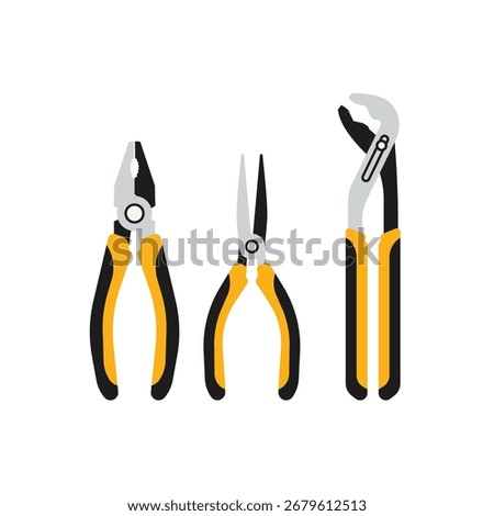 Set of pliers including needle-nose, cutting, and adjustable pliers for gripping, twisting, and cutting wires.