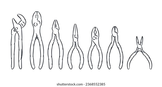 Set of pliers line hand drawn sketch vector illustration. Equipment, tools, mechanical clipart collection