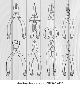 Set of pliers, pincers, and pruning scissors. Tools illustration in vector sketch style.