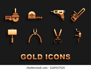 Herramienta Set Pliers, Chainsaw, taladro de mano, tijeras, martillo de plomo, pistola eléctrica de pegamento caliente, molino de ángulo e icono de construcción de la ruleta. Vector