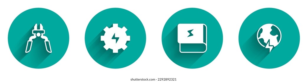 Set Pliers tool, Gear and lightning, Book about electricity and Global planet with thunderbolt icon with long shadow. Vector