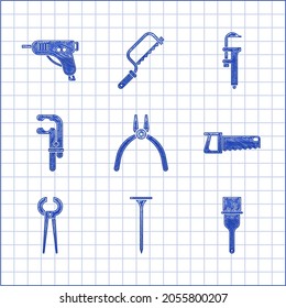 Set Pliers tool, Metallic nail, Paint brush, Hand saw, Pincers pliers, Clamp, Calliper or caliper scale and Electric hot glue gun icon. Vector