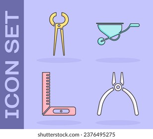 Set Pliers tool, Pincers and pliers, Corner ruler and Wheelbarrow icon. Vector