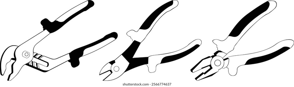 Set of pliers tools illustration - adjustable, cutting, and gripping pliers for handyman tasks