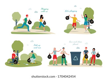 Set for Plogging challenge concept with running people cartoon characters picking up garbage or trash, flat vector illustration isolated on white background.