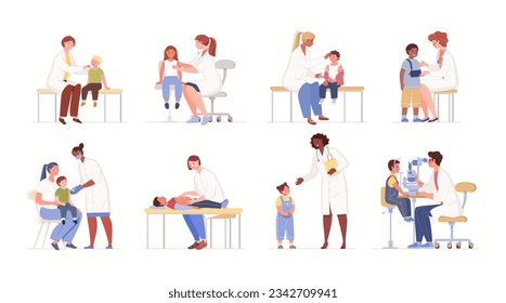 Conjunto de ilustraciones gráficas de diagnósticos médicos para niños "médico y paciente". El niño es examinado por varios médicos altamente especializados. Caricatura plana de personajes vectores.