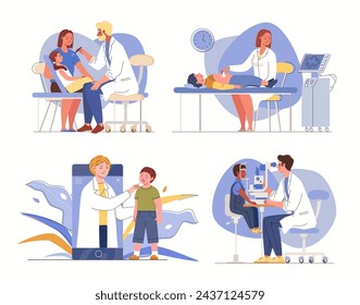 Set of plot illustrations of children's medical diagnostics "physician and Patient". Child is examined by various highly specialized doctors. Vector characters flat cartoon.