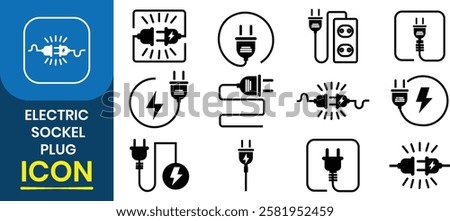 Set of plug icon, vector, electric socket. Power energy symbol. Use plugs silhouette, adapter connector. Electric wire shock, disconnection, loss of connect. Vector Illustration.
