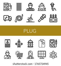 Conjunto de iconos de enchufe. Tales como coche eléctrico, plomero, palillos, cable de datos, energía eólica, mecánica, micrófono, transformador de energía, hidrante, energía solar, eléctrico, plancha, iconos de enchufe