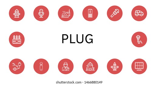 Set of plug icons such as Fire hydrant, Microphone, Iron, Sticks, Electric car, Usb, Mechanic, Hydrant, Solar energy, Power transformer , plug