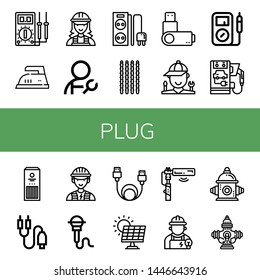 Set of plug icons such as Multimeter, Iron, Electrician, Plumber, Power strip, Sticks, Usb flash drive, Mechanic, Electric car, Jack connector, Microphone, Data cable, Solar energy , plug