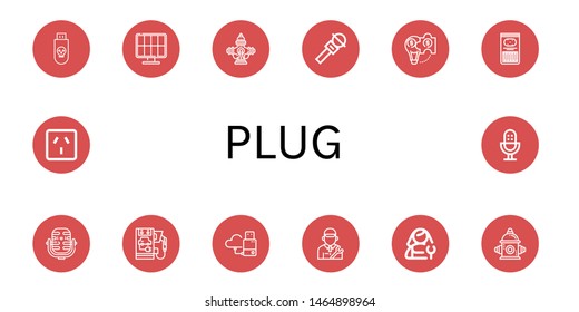 Set of plug icons such as Usb, Solar energy, Hydrant, Microphone, Hybrid solution, Sticks, Electric car, Flash drive, Mechanic, Plumber, Fire hydrant, Socket , plug