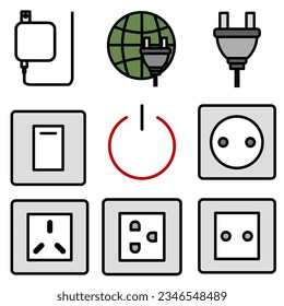 The set of plug and switch icons features various electrical outlets and switches. It symbolizes convenience, control, and the essential components for connecting 