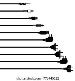 A set of plugs, adapters with black cables.