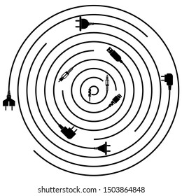 set of plugs with cables arranged in a circle on a white background