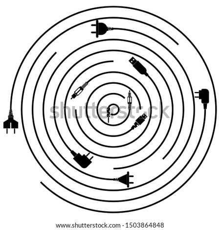 set of plugs with cables arranged in a circle on a white background