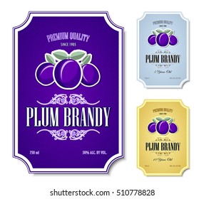 Set of plum brandy distillate labels on white background