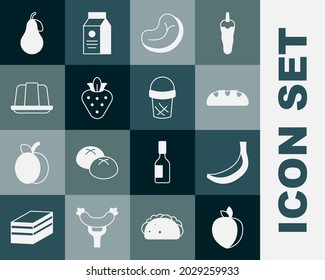 Set Plum fruit, Banana, Bread loaf, Steak meat, Strawberry, Jelly cake, Pear and Ice cream in waffle icon. Vector