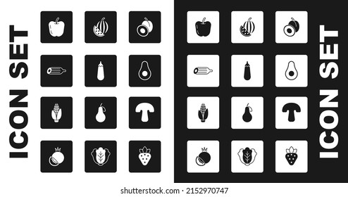 Set Plum fruit, Eggplant, Fresh cucumber, Apple, Avocado, Watermelon, Mushroom and Corn icon. Vector