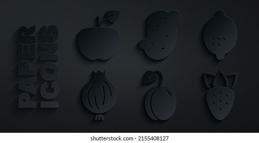 Set Plum fruit, Lemon, Garlic, Strawberry, Potato and Apple icon. Vector