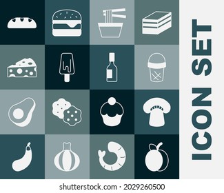 Set Plum fruit, Mushroom, Ice cream in waffle, Asian noodles bowl, Cheese, Bread loaf and Tabasco sauce icon. Vector